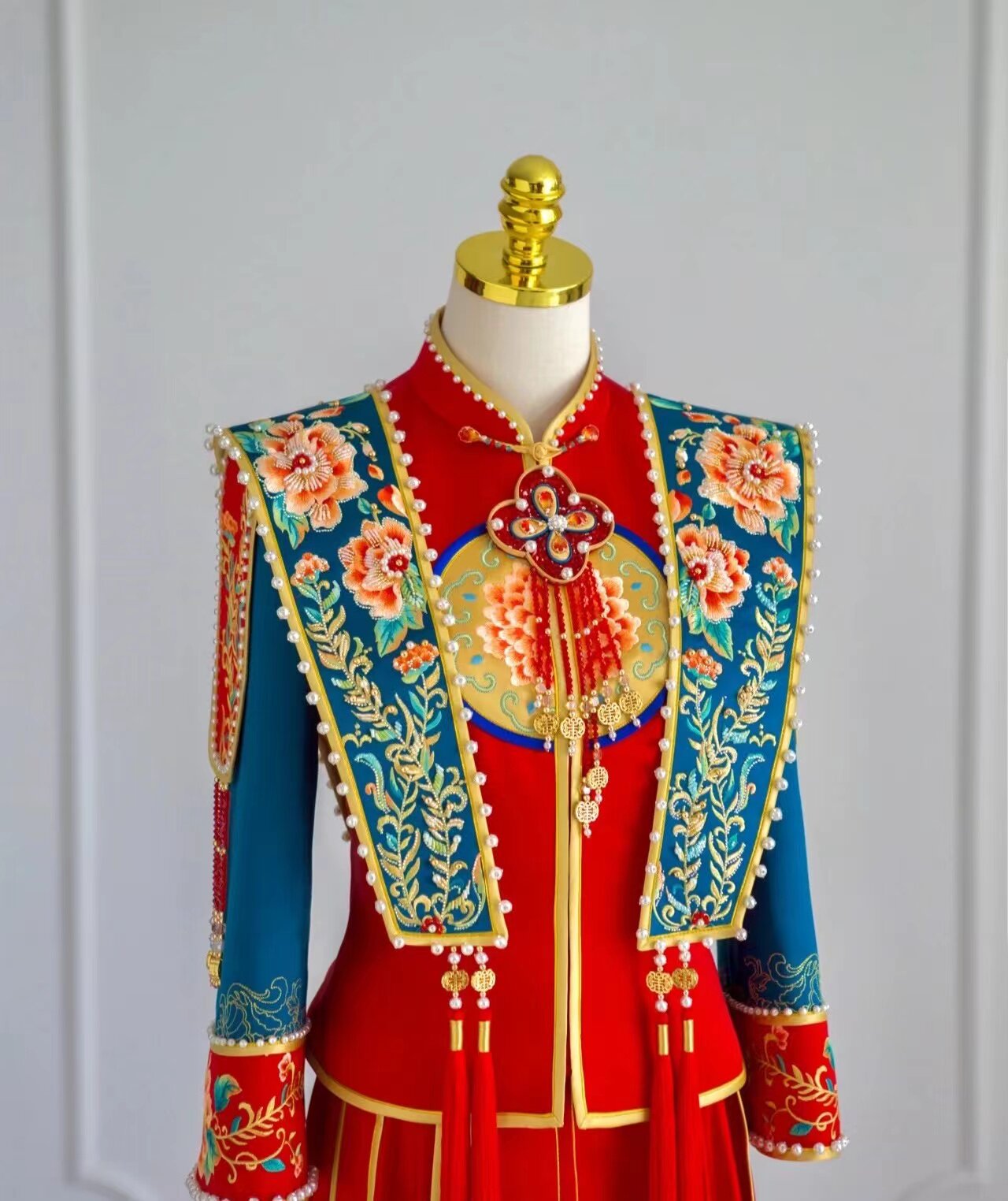 中式出租正版絮笙高定嫁衣红蓝撞色刺绣牡丹秀禾服