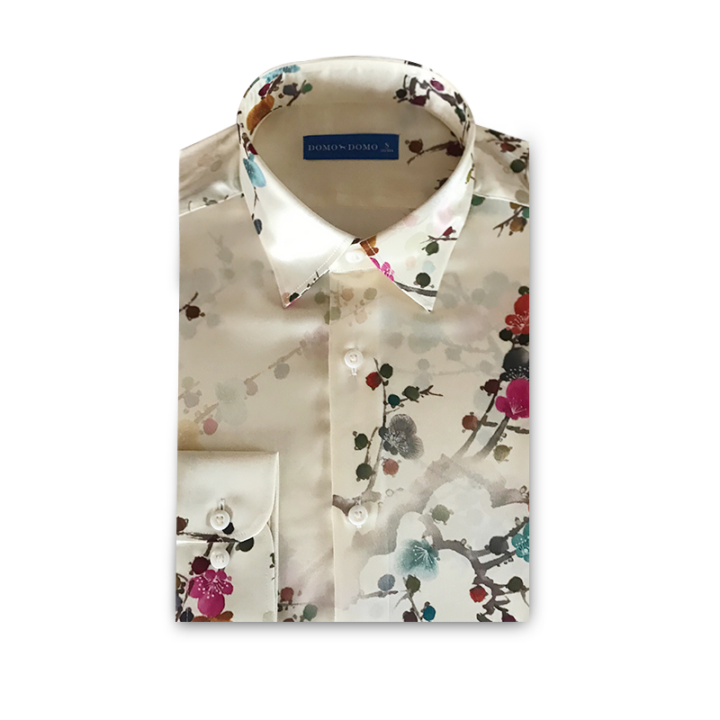 白色花衬衫桑蚕丝男士长袖衬衣量体定制短袖中国风新潮丝绸衬衫