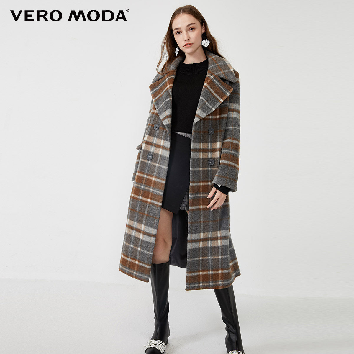veromoda冬季格纹绵羊毛羊驼驼毛毛呢大衣319327564毛呢外套