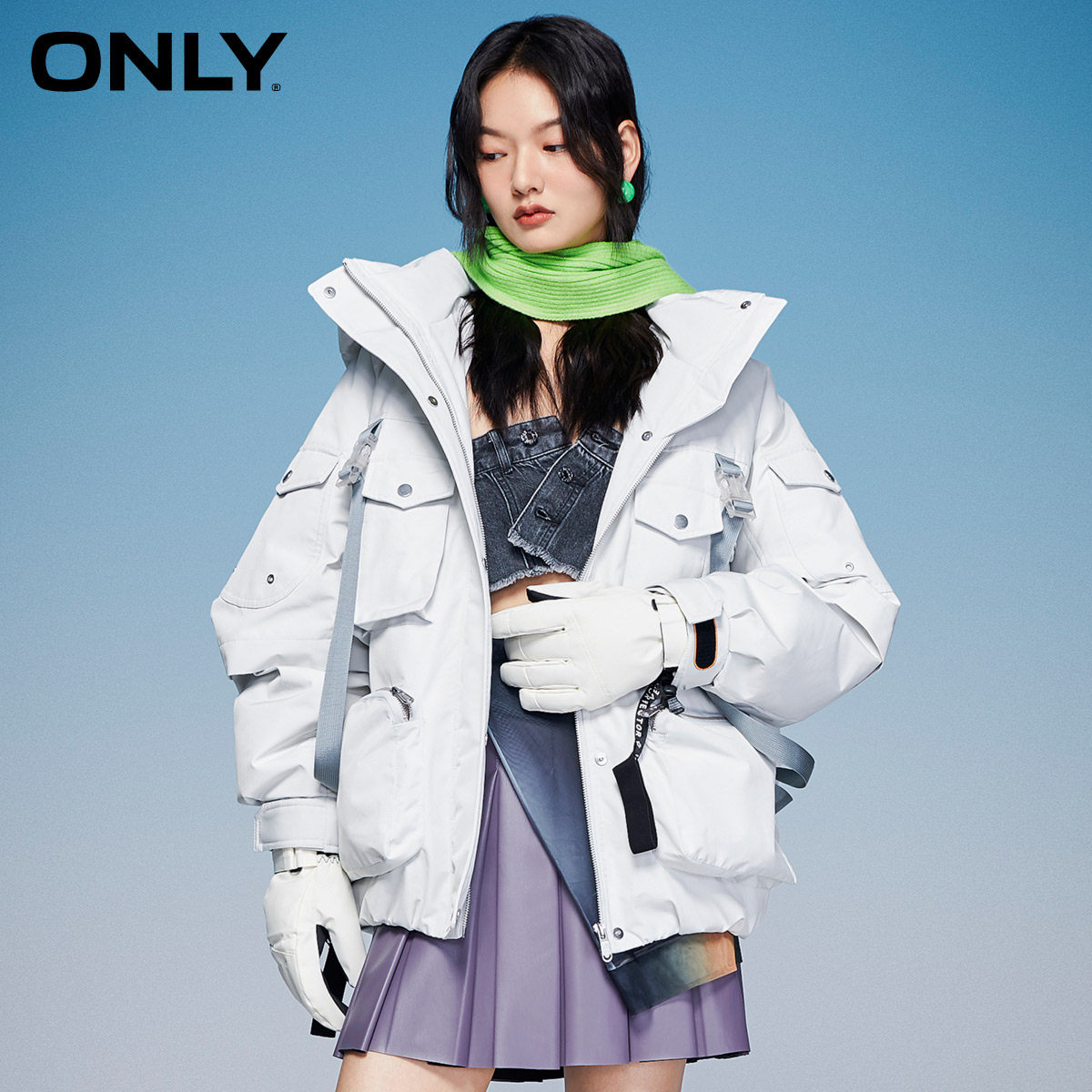 3件88折only新款工装3d小熊印花背带短款羽绒服