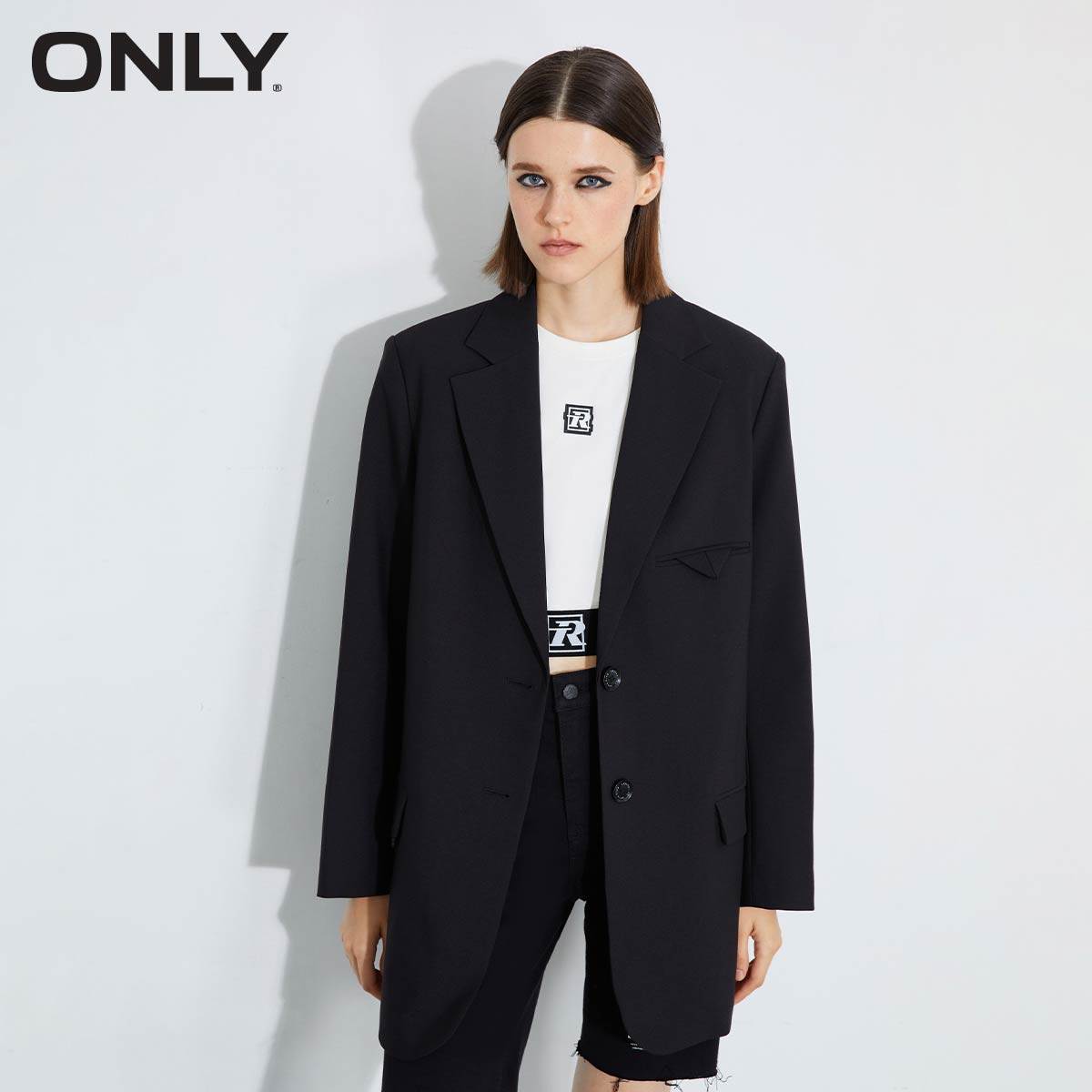 绫致only2022秋季新款通勤两粒扣垫肩宽松中长款西服女