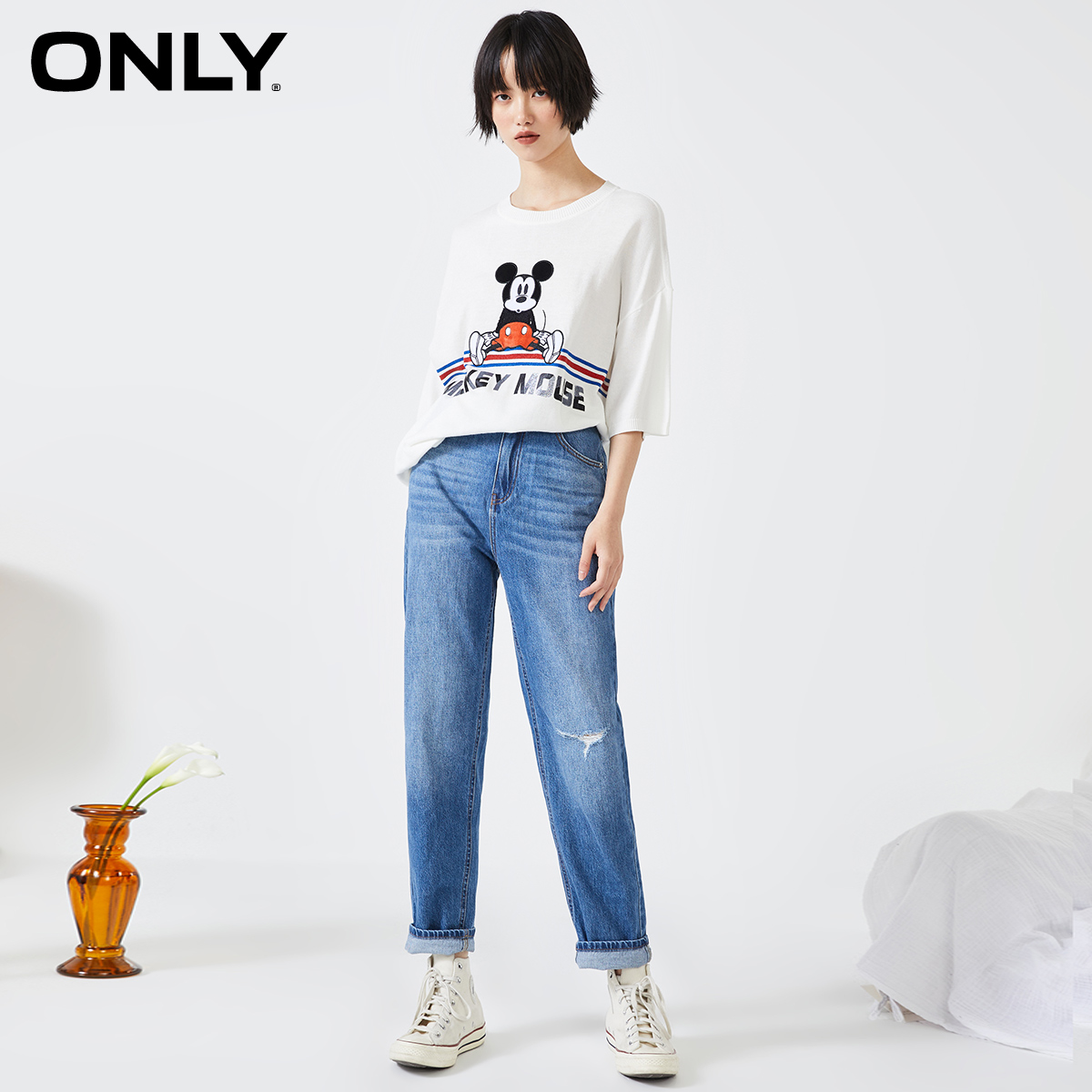 only夏季高腰破洞做旧宽松直筒休闲九分牛仔裤牛仔裤