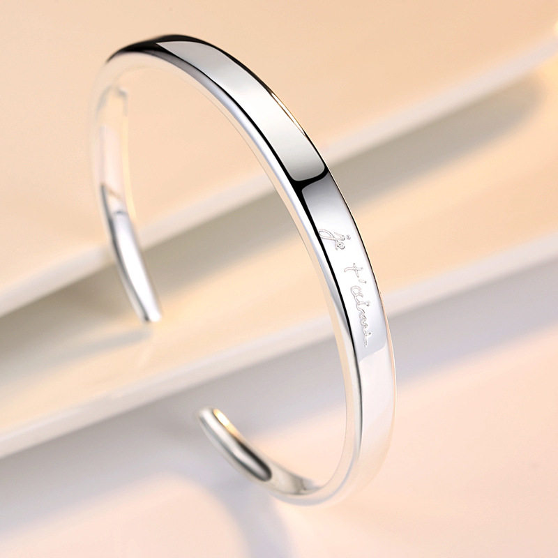 s999纯银手镯女法语爱森系简约光面足银镯子手镯