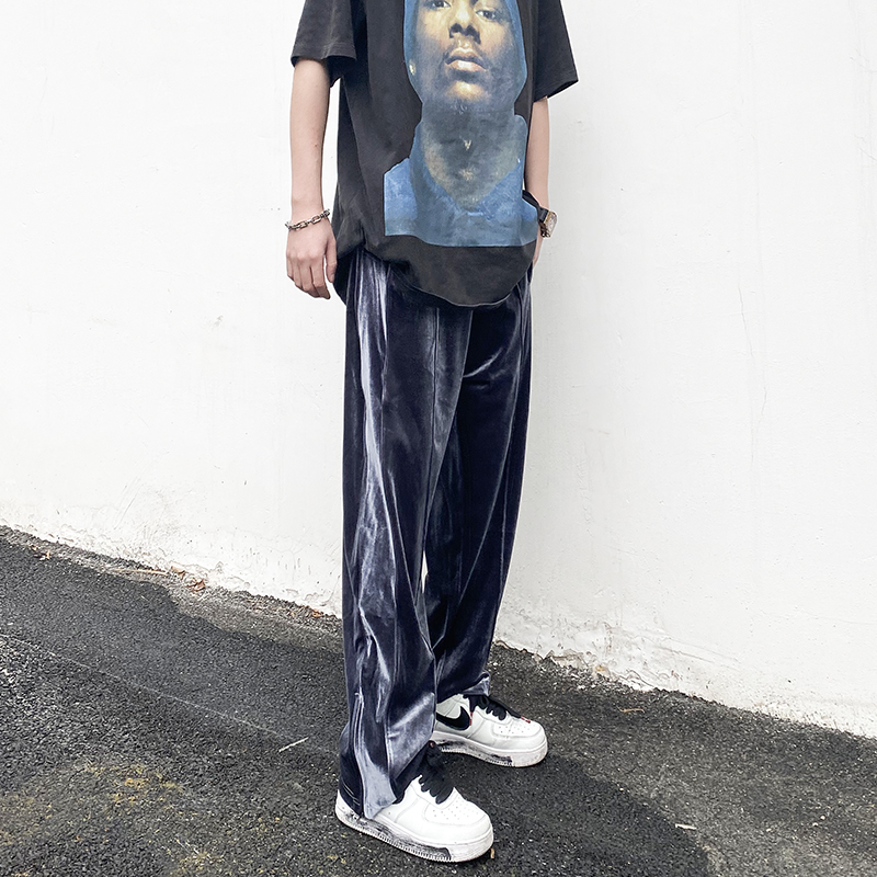 高街垂感金丝绒阔腿裤hiphop坠感丝绒直筒裤男春秋宽松运动休闲裤