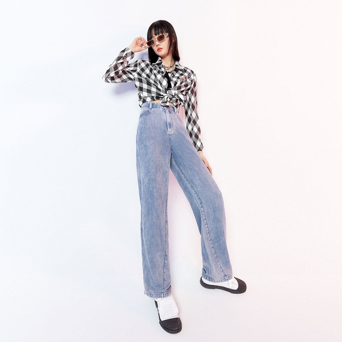 牛仔裤太平鸟高腰女直筒裤2021年夏季新款束脚阔腿牛仔裤