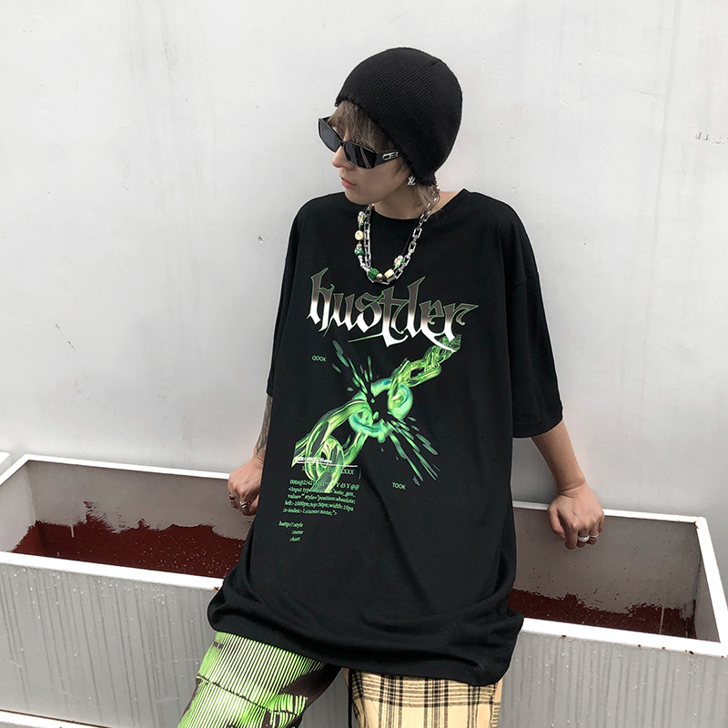 尾郎的店 嘻哈铁链印花短袖T恤男ins潮牌潮流oversize半袖体恤潮