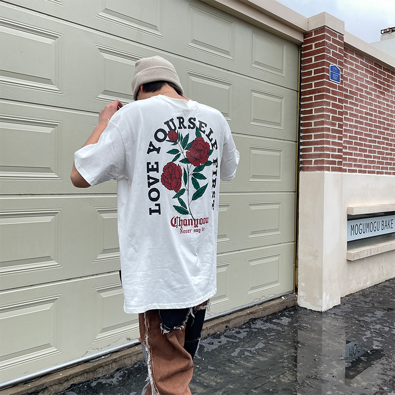 尾郎的店美式小众玫瑰印花做旧水洗短袖T恤男ins潮牌痞帅上衣情侣