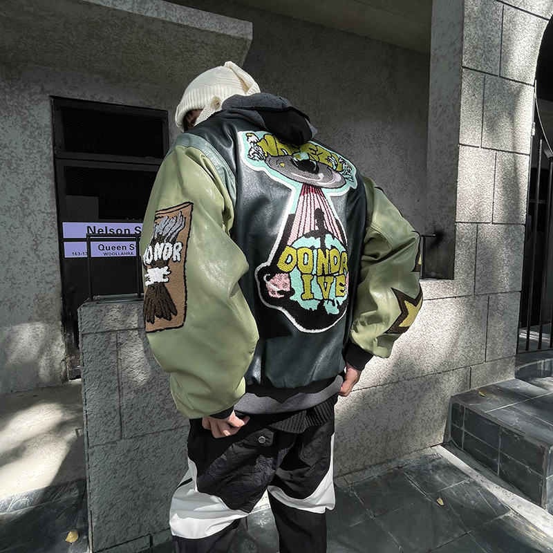 尾郎的店美式复古拼接毛巾绣棉服棒球服皮衣冬季加厚外套棉衣潮牌