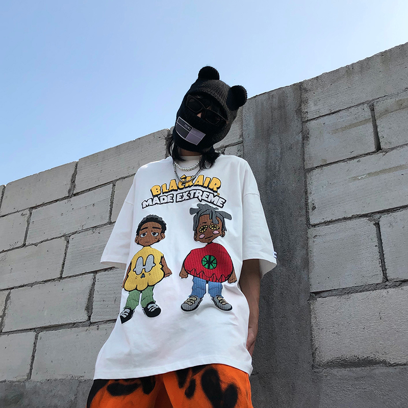 尾郎的店美式复古设计感发泡短袖T恤男ins潮牌oversize炸街上衣潮