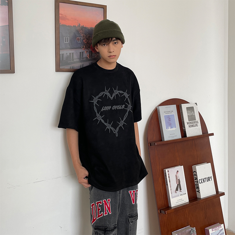 尾郎的店国潮麂皮绒别致独特短袖T恤男ins设计感小众高级感上衣潮