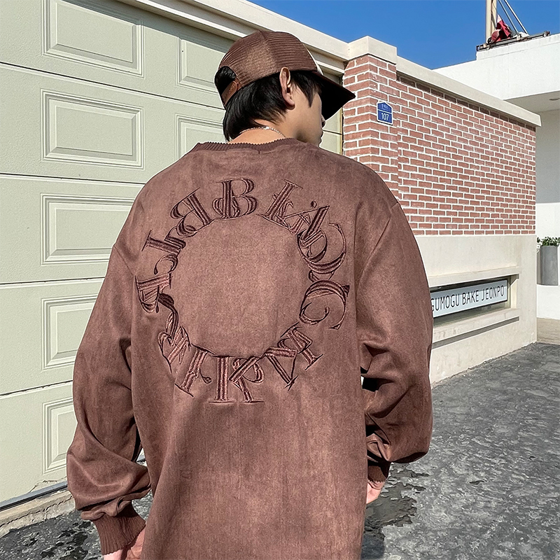 尾郎的店春季鹿皮绒棕色长袖卫衣男欧美街头oversize国潮美式外套