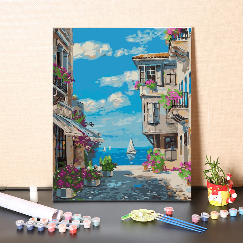 数字油画diy手工填充消磨时间地中海风景画北欧欧风diy