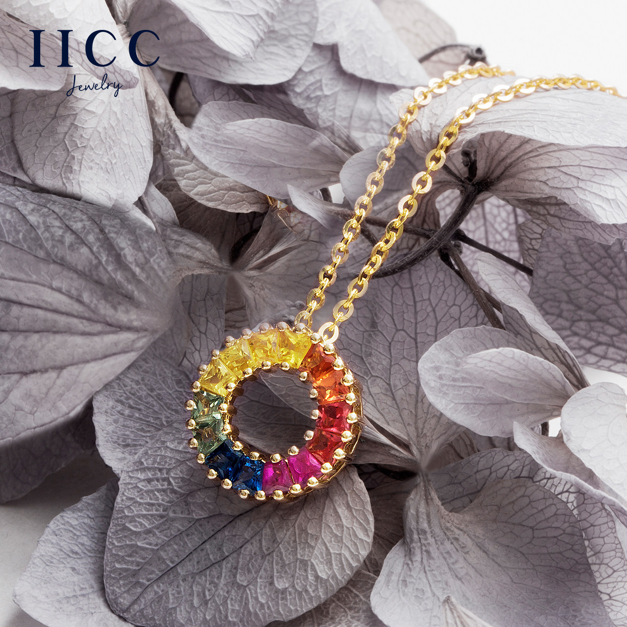 iicc彩虹天然红蓝宝石项链女彩色吊坠18k金生日情人节礼物送女友