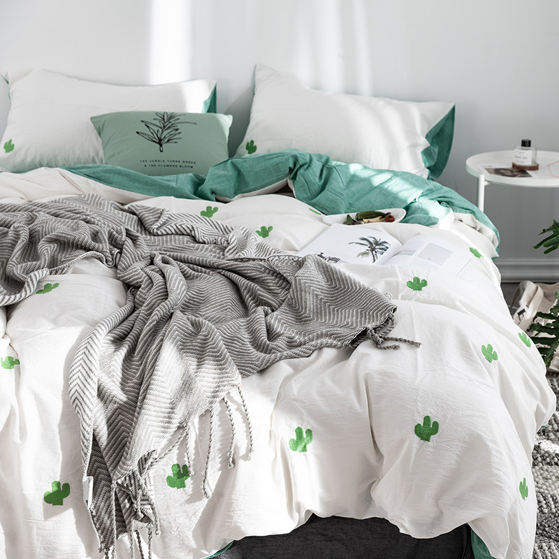 夏日仙人掌小清新水洗床上用品四件件套绿色纯棉被套床品套件