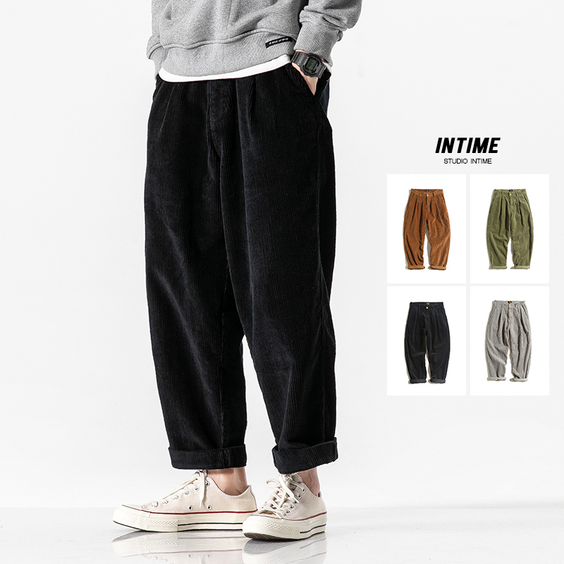 灯芯绒裤子秋冬日系宽松百搭直筒裤学生阔腿哈伦裤男士黑色休闲裤