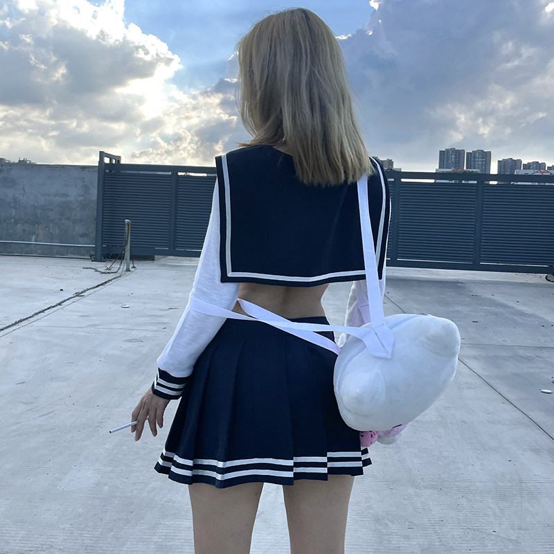amamay 朋克美式学院风辣妹坏学生jk涩谷露脐弹力海军风套装短裙