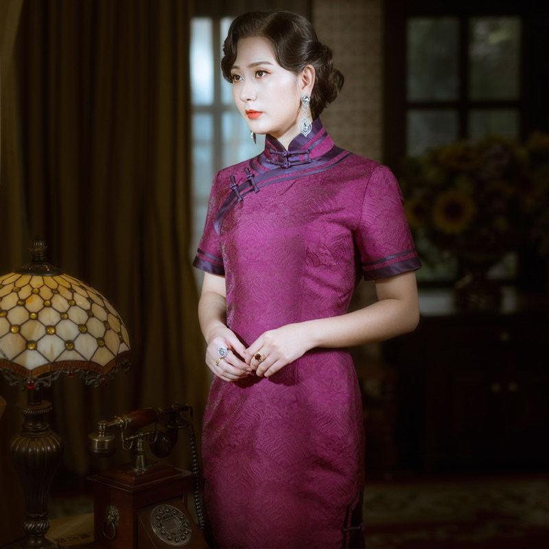三重真丝高档国风中国旗袍蚕丝桑蚕宋锦长款旗袍