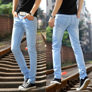 2023 New Trendy Men's Korean Style Jeans Men's Pants Sky Blue Light Color Slim Fit Small Leg Pants Stretch Pencil Pants Men