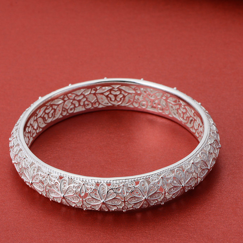 手镯泰光银楼女式闭口镂空手工龙凤呈祥古法花丝手镯