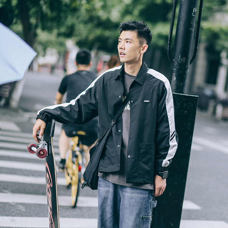 吕小虎美式休闲春秋季教练夹克男潮牌拼接上衣男士运动薄款外套潮