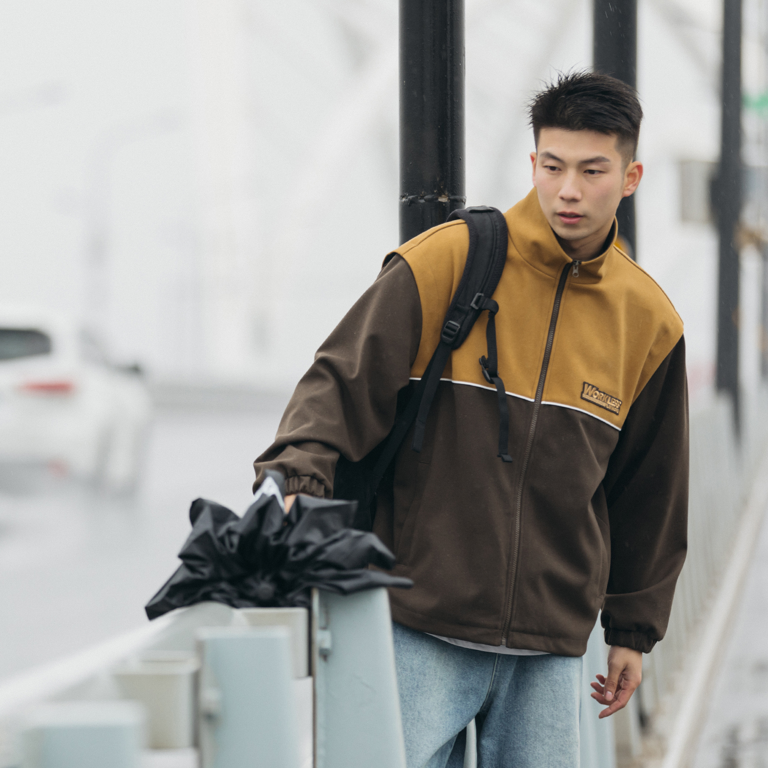 吕小虎星空呢料立领夹克男外套春季潮流撞色拼接宽松休闲运动上衣