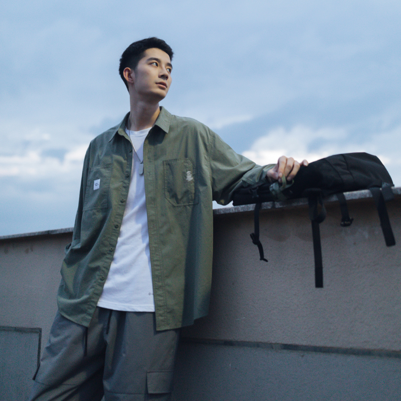 吕小虎日系复古刺绣工装长袖衬衫男春季潮流休闲衬衣阿美咔叽外套