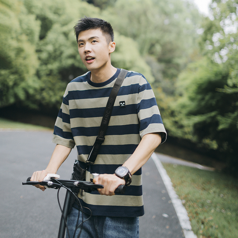吕小虎笑脸刺绣条纹短袖男 潮牌夏装日系潮流纯棉T恤男装宽松半袖