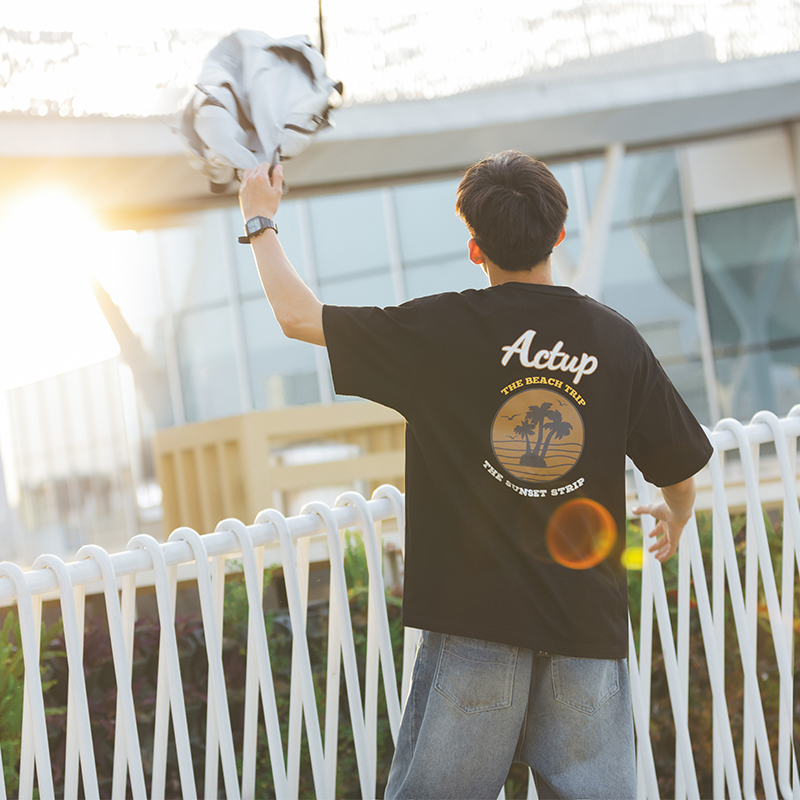 吕小虎美式复古椰树插画印花短袖T恤男潮ins高街夏季宽松半袖tee