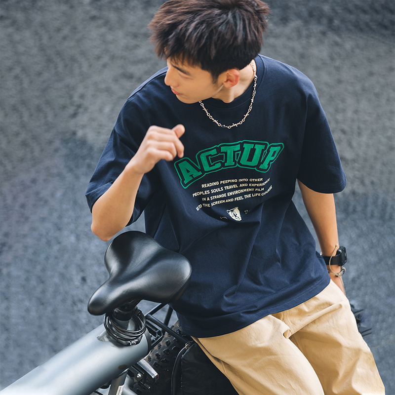 吕小虎美式复古胶浆印花短袖T恤男 夏季潮牌重磅精梳棉休闲体恤衫