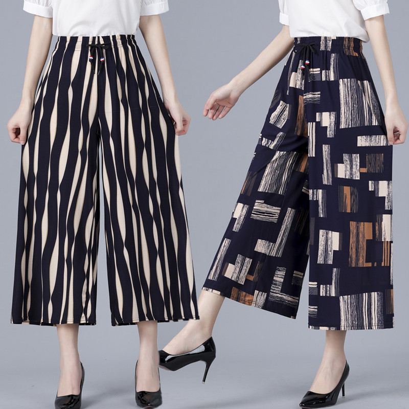 中老年人女装裙裤夏季弹力九分妈妈直筒条纹阔腿中老年女装
