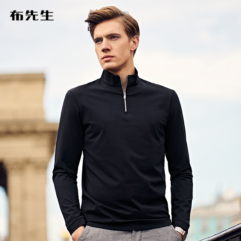 布先生长袖T恤 秋季纯色拉链立领男士商务休闲秋装上衣黑色BA3773