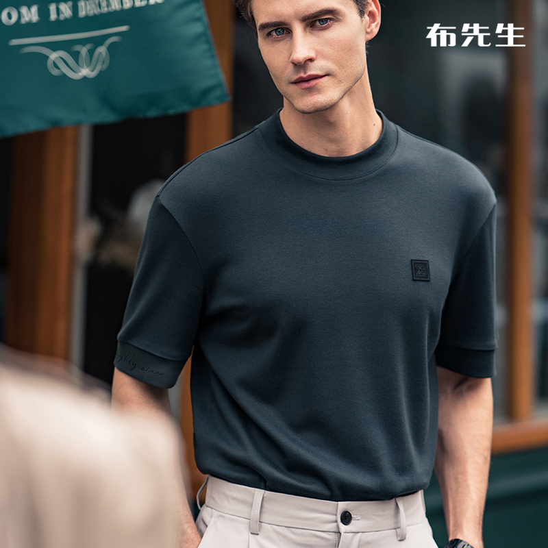 布先生轻奢五分袖T恤男 秋季新品时尚皮标圆领T恤上衣BT11070