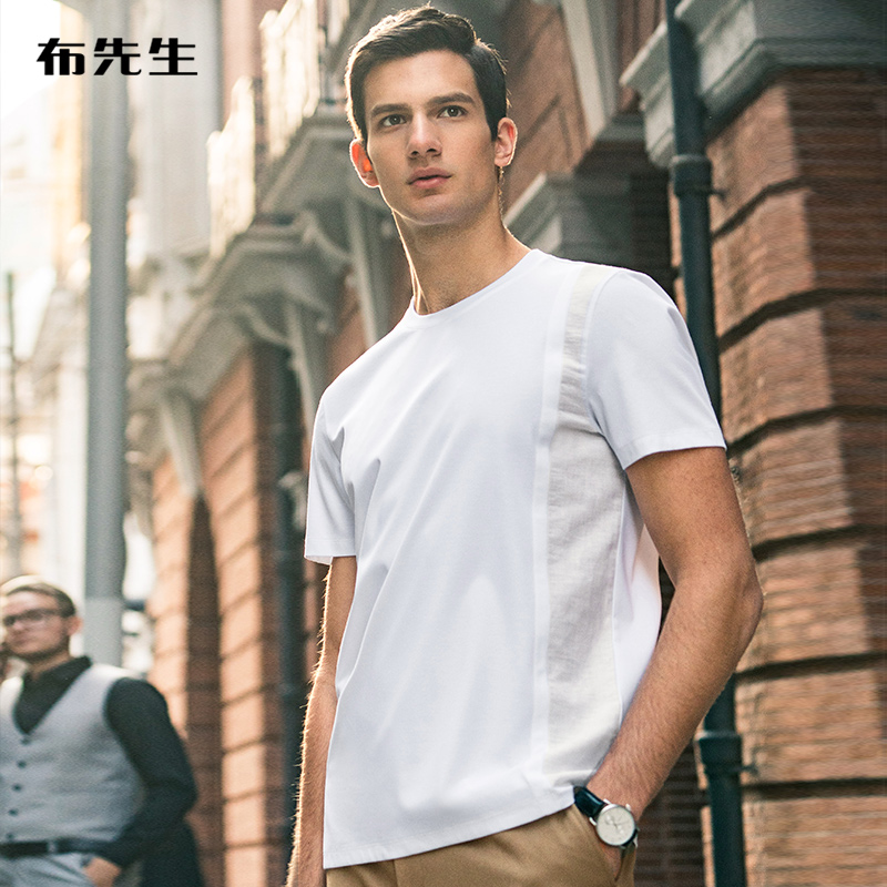 布先生拼接棉麻梭织短袖T恤科技混纺凉爽透气吸汗简约T恤 AT11215