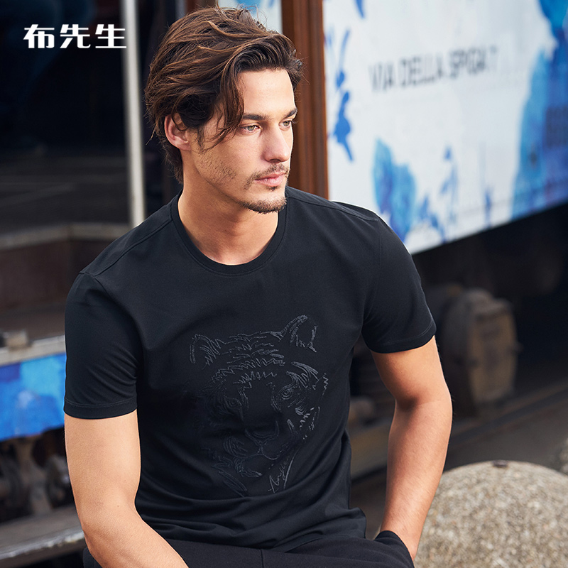 布先生立体潮流虎头绣花短袖T恤丝光棉夏装新款男士圆领T AT10204