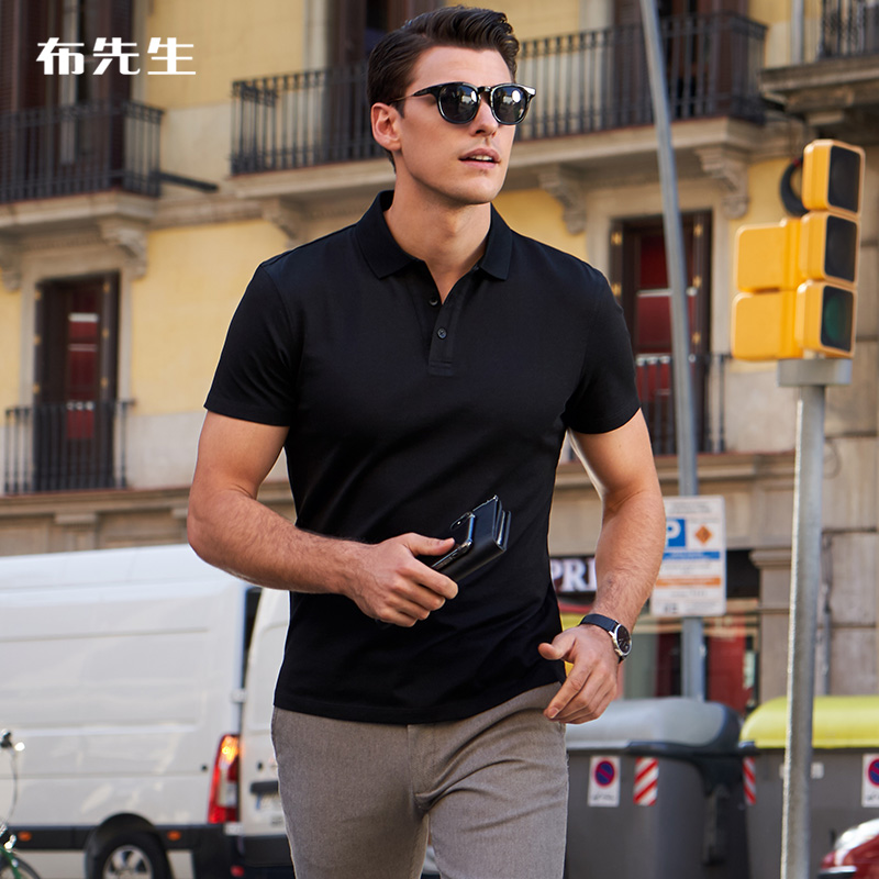 布先生别致Y型门筒polo衫男翻领丝光棉纯色上衣黑色T恤男AT10469