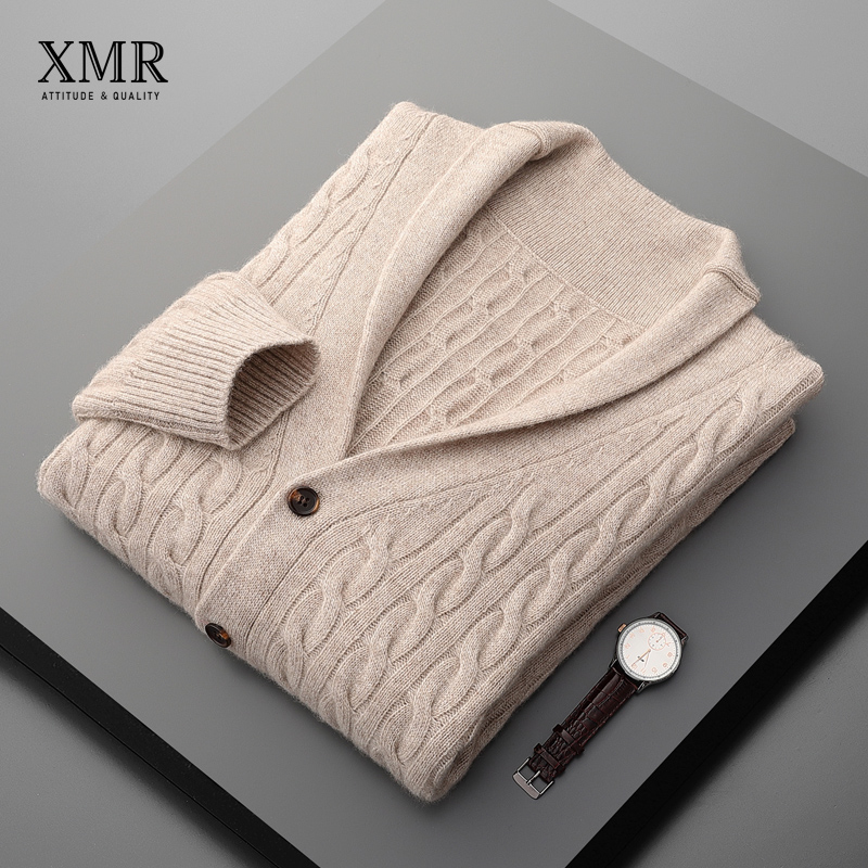 2021秋冬新款羊绒开衫男V领复古文艺针织开衫加厚青果领毛衣外套