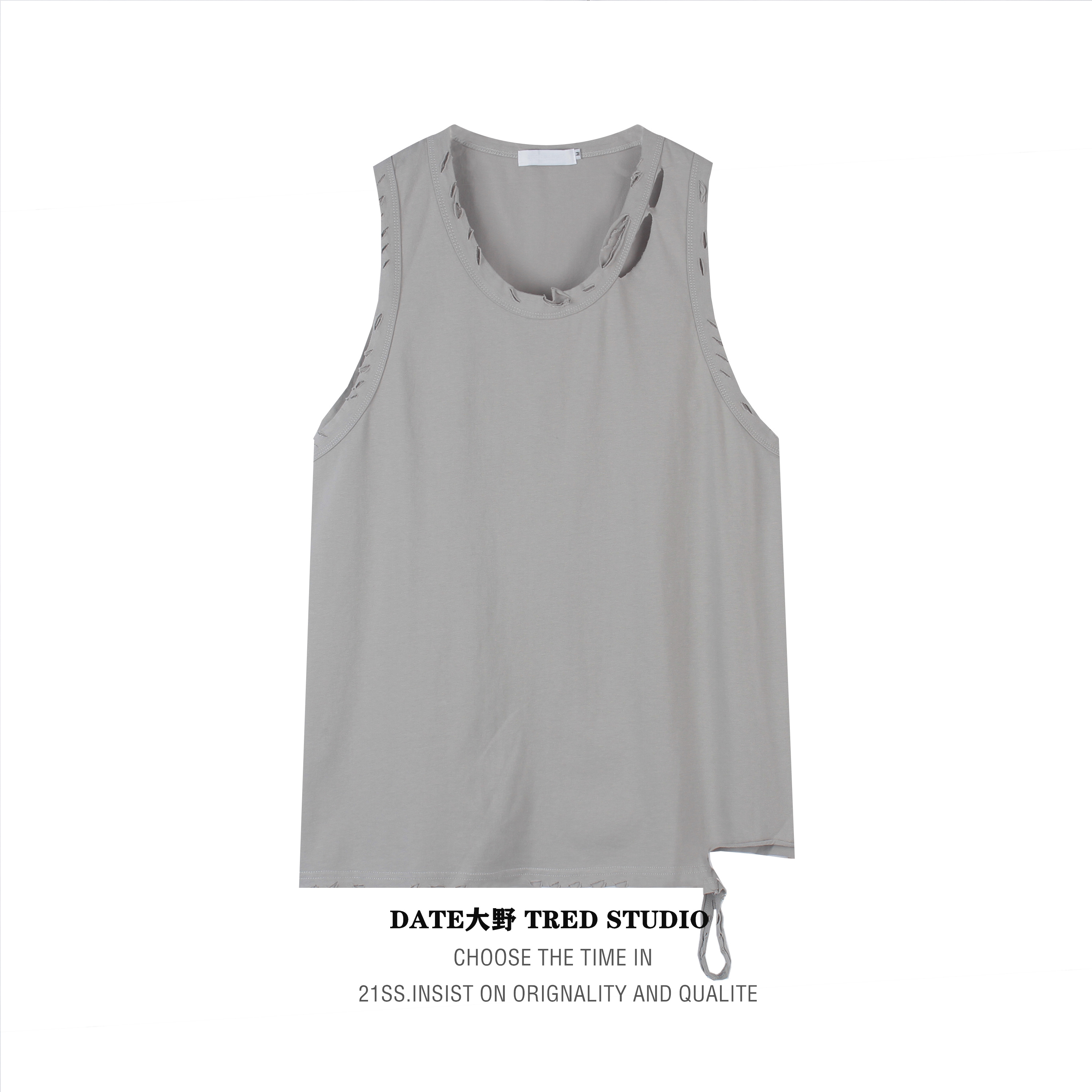 Date大野 破洞做旧高街无袖背心男夏季运动宽松纯色坎肩情侣t恤潮