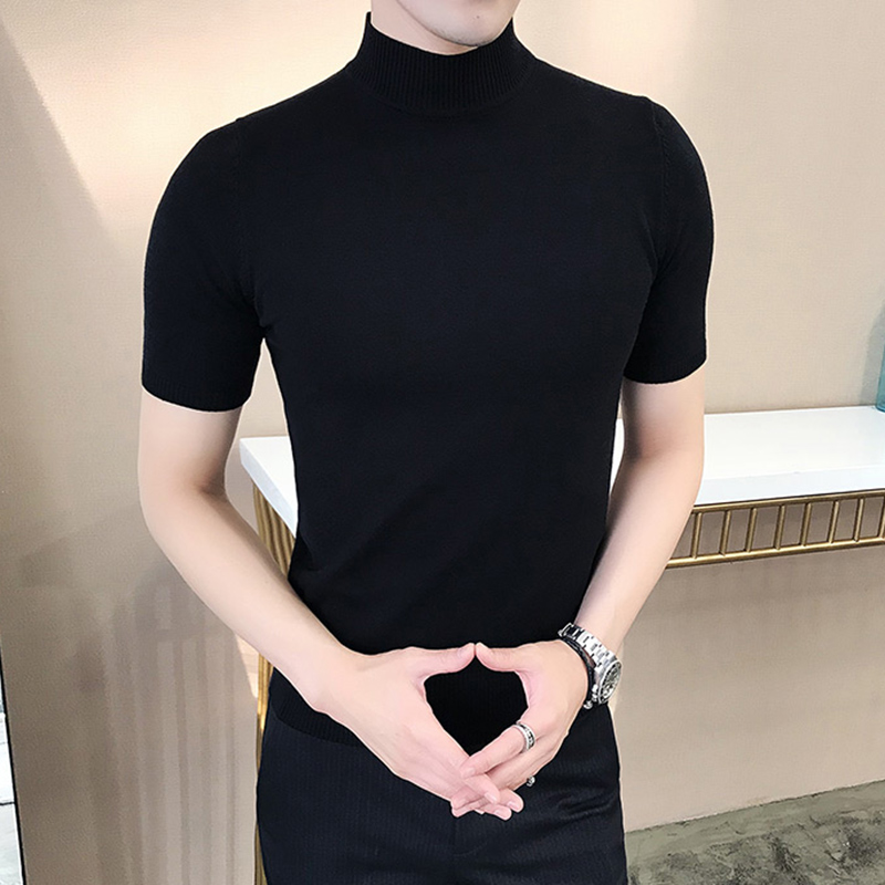 男士短袖毛衣半高领秋冬内搭针织衫男紧身加厚春季中领休闲打底衫