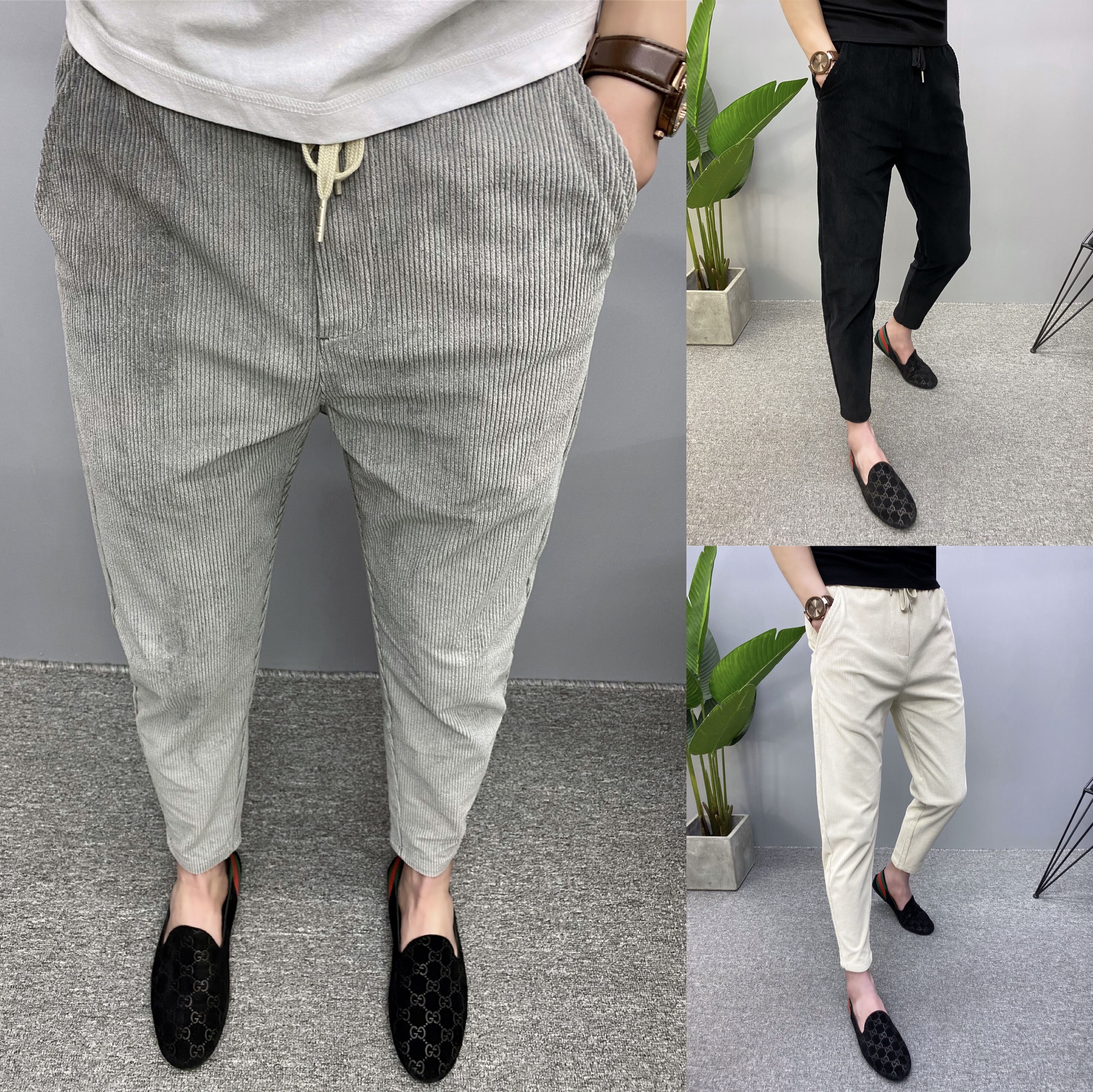 秋冬新款灯芯绒时尚纹理感舒适休闲九分裤男修身小脚精神小伙潮裤