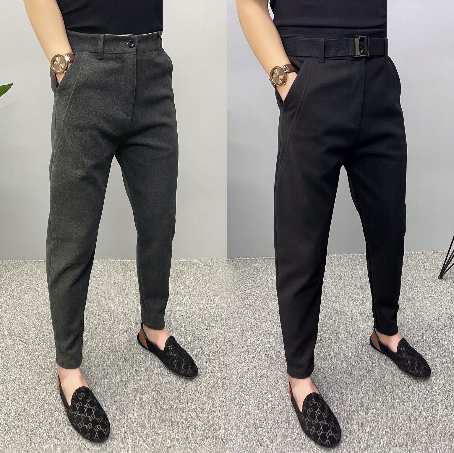 秋冬裤子男小脚修身休闲裤纯色百搭垂感西裤发型师哈伦裤网红潮裤