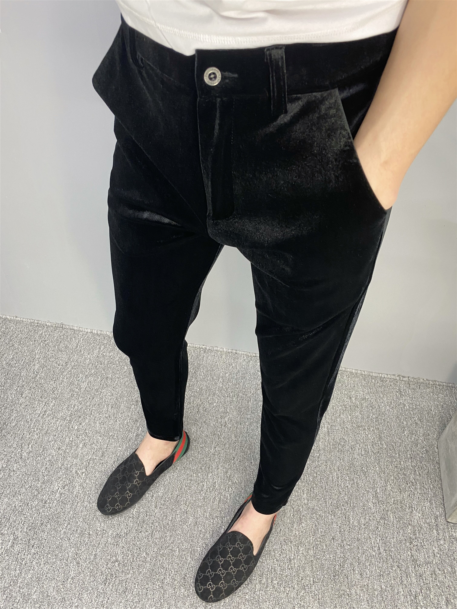 秋冬小脚裤男修身金丝绒西裤纯色百搭休闲裤系腰带裤精神小伙潮裤