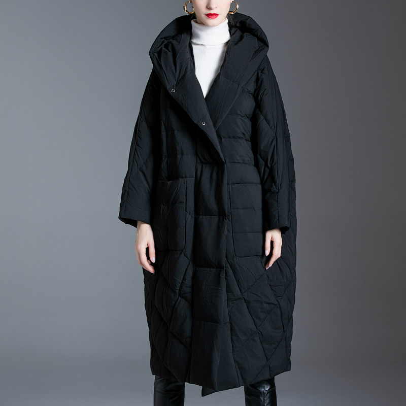 黑色鸭绒冬季茧型时尚宽松中长羽绒服白鸭绒加厚羽绒服