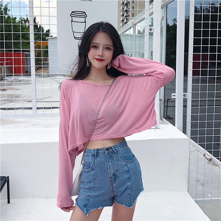 白色衣服微透恤女薄蹦迪露肚子长袖上衣跳舞t恤