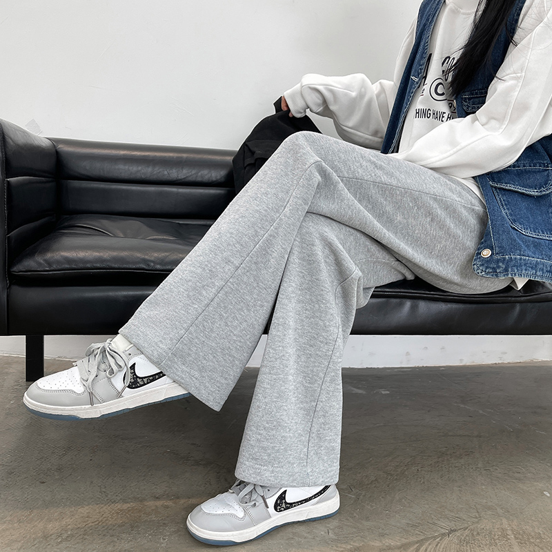 灰色阔腿裤女秋冬季加绒加厚运动裤高腰垂感休闲宽松直筒拖地裤子