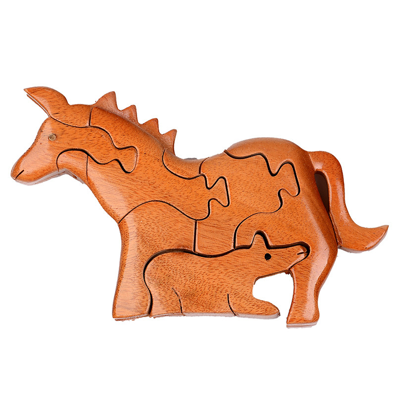 木质动物拼图玩具母马袋鼠小松鼠3d益智拼板拼图