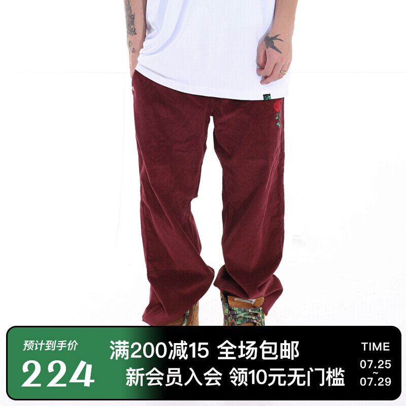 ChillHigh 国潮复古宝石玫瑰花长裤直筒宽松工装裤灯芯绒休闲西裤