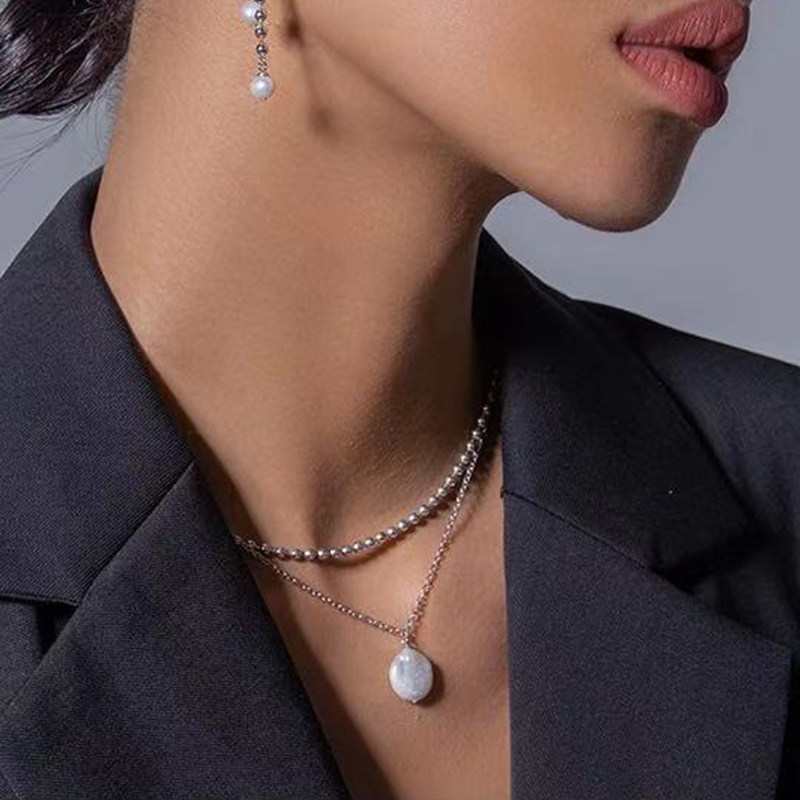 巴洛克天然珍珠叠戴双层项链精致银镀白金锁骨项链