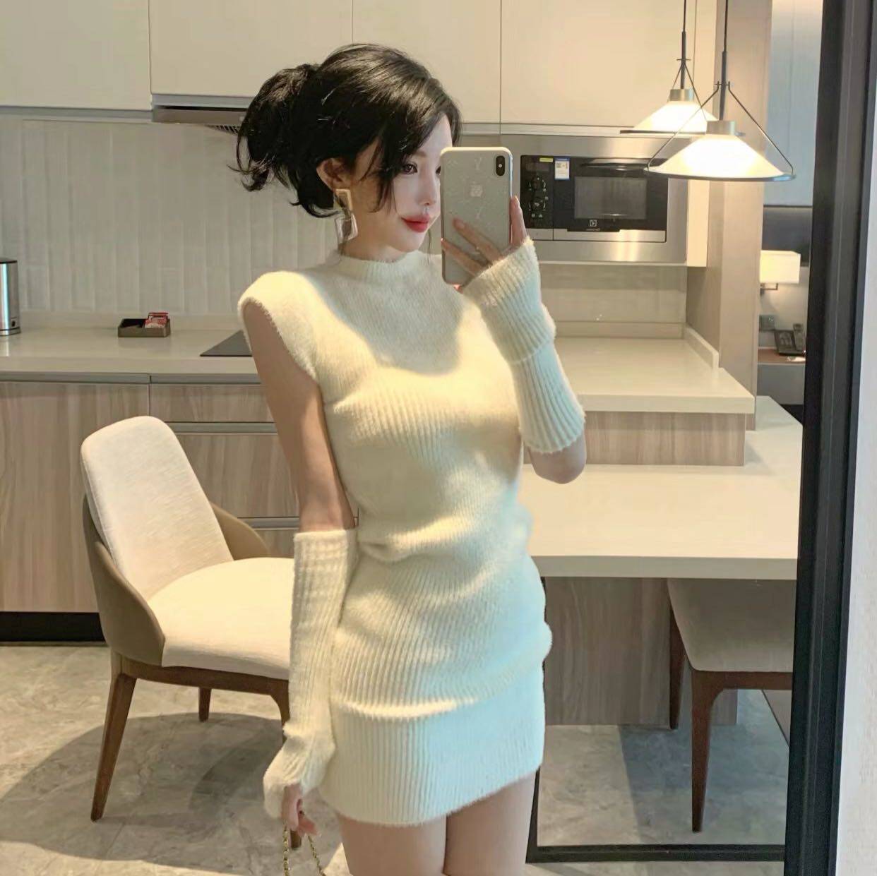 lina秋冬棉花糖性感连衣裙套袖毛茸毛茸茸茸毛衣裙连衣裙