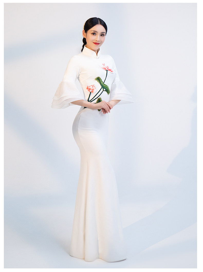 立领盘扣荷花形体礼仪优雅走秀旗袍模特导师肚皮舞套装演出服