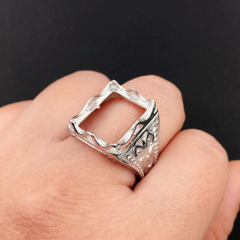 纯银白金戒指空托男戒托长方16mm活口戒指